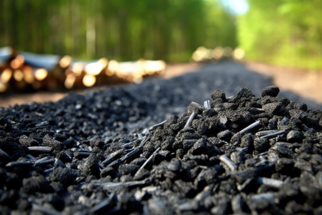 A big pile biochar by the woods. Biochar increases soil carbon to improve agricultural productivity and soil fertility